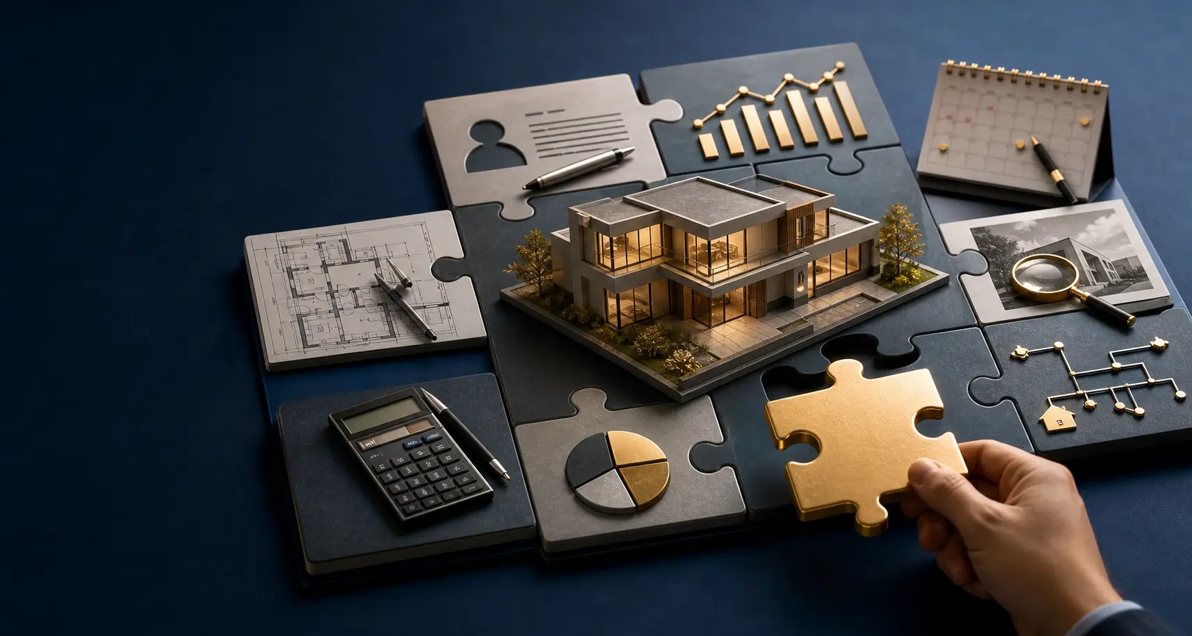 A complex real estate financing puzzle bringing together the property, borrower profile, cash flow, timeline, appraisal, and strategic solution