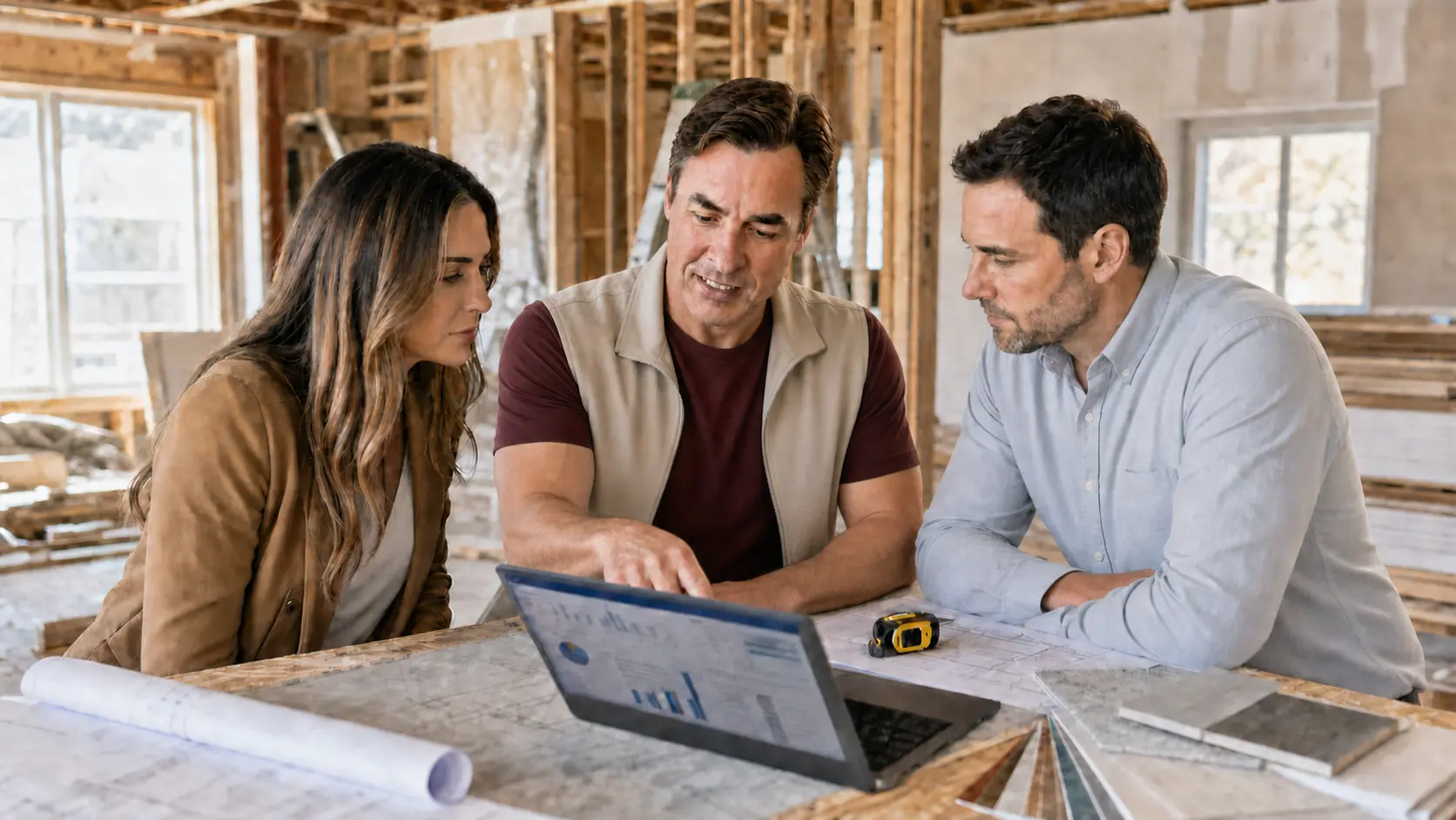 Bill Rance reviewing rehabilitation project financials on a laptop with two real estate investors at the property