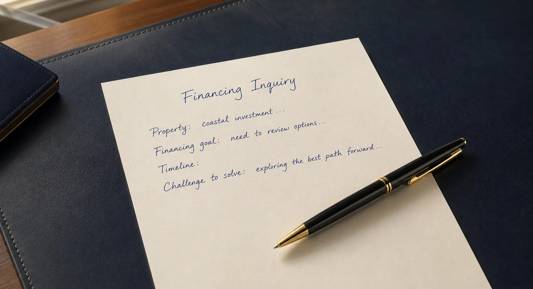 A partially written financing inquiry on premium stationery beside an elegant black-and-gold pen